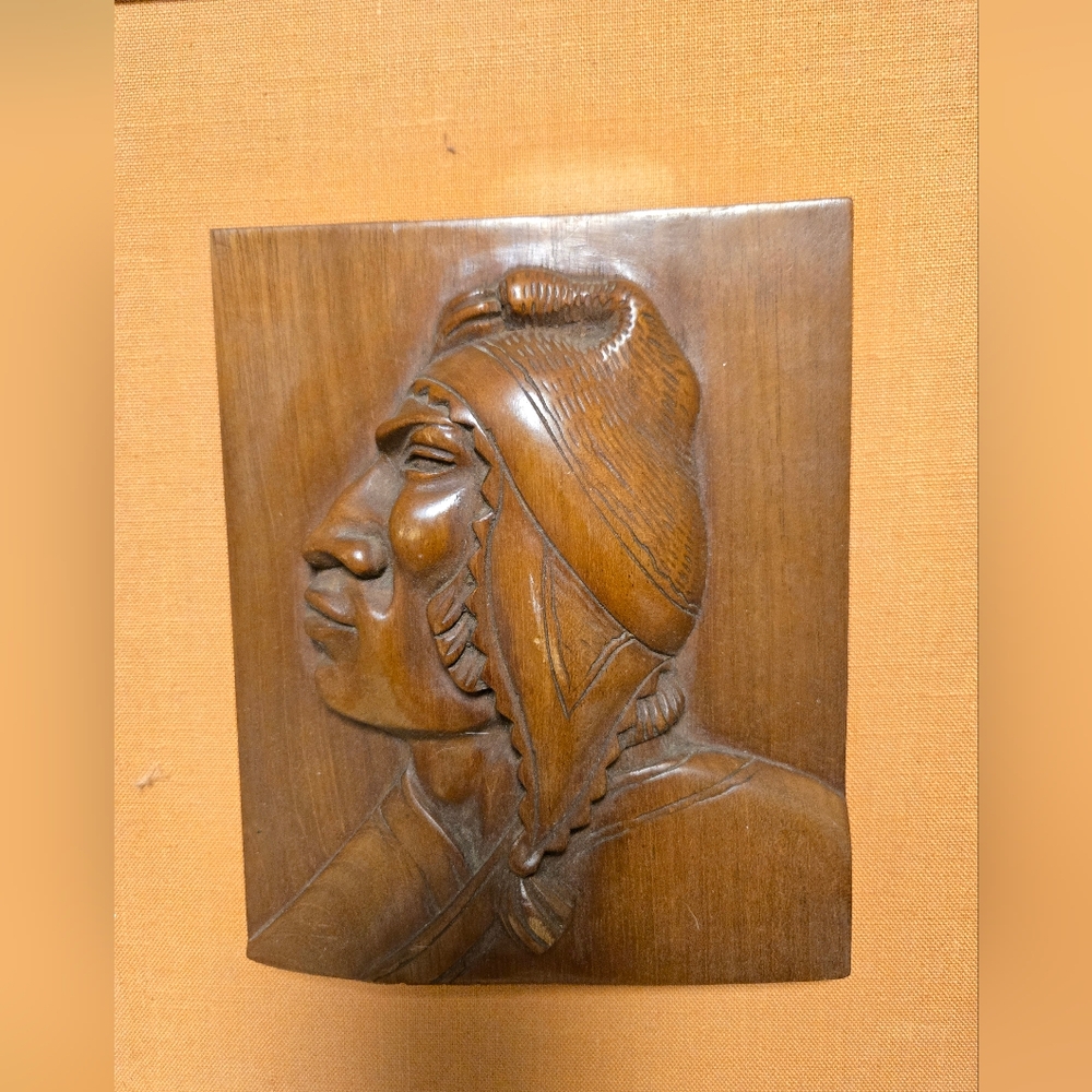 hand-carved wooden plaque mid-century bas-relief portrait professionally framed